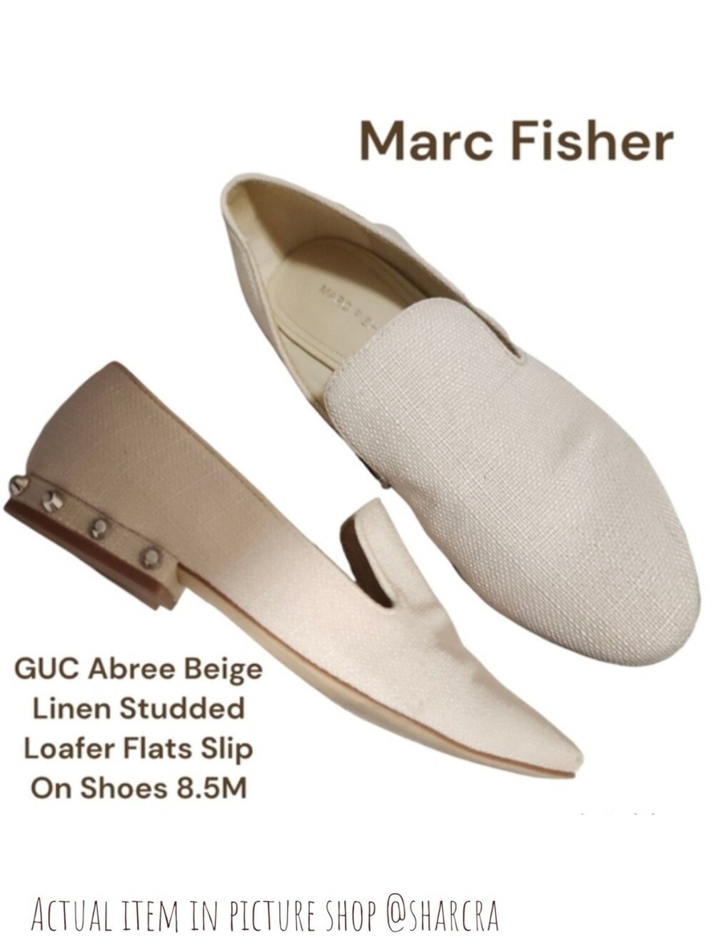 Marc Fisher Women's Abree Beige Linen leather Studded Loafer Slip On Shoe 8.5 M